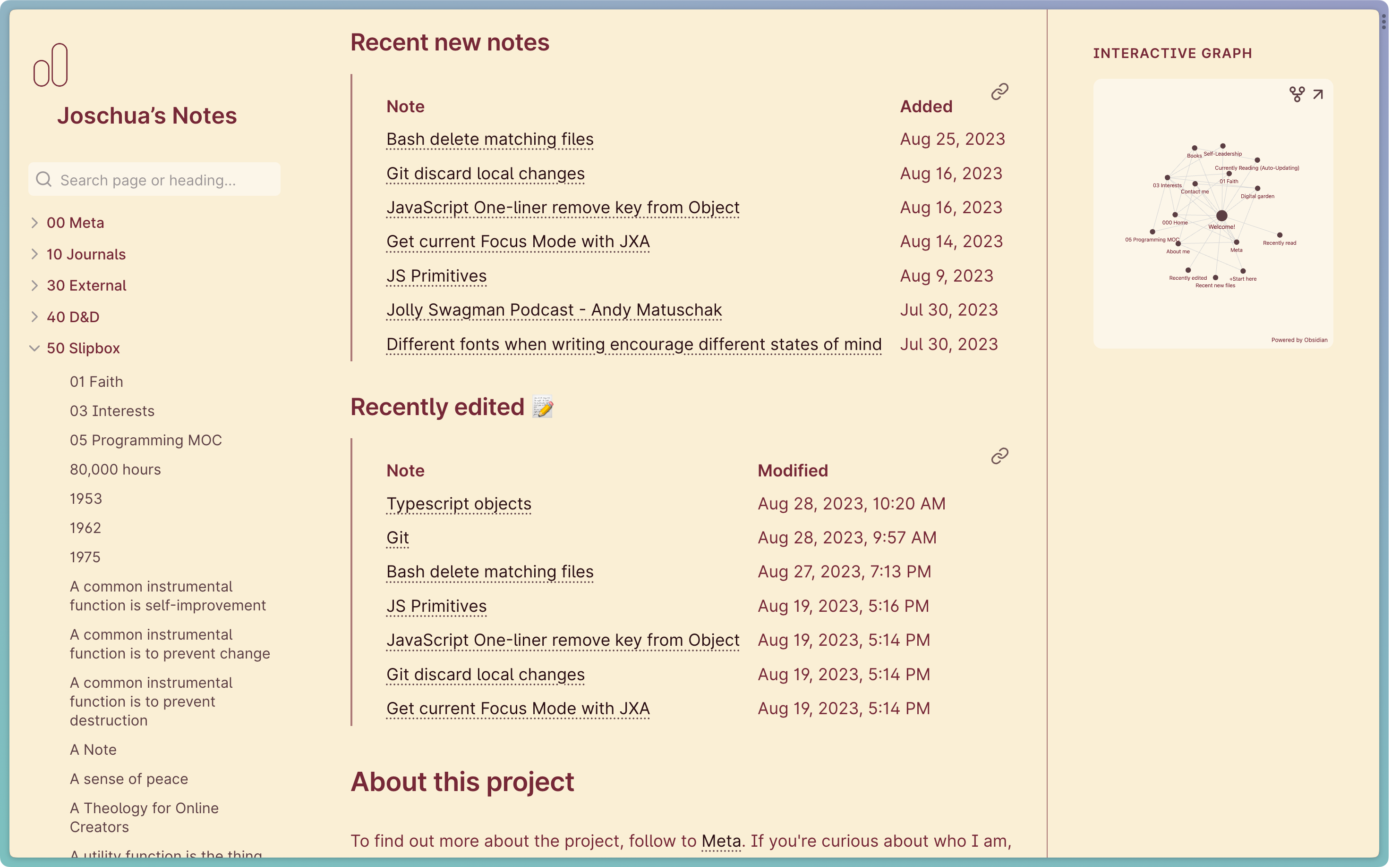 Obsidian Publish site with the sections "Recent new notes" and "Recently edited" and a table of notes underneath each