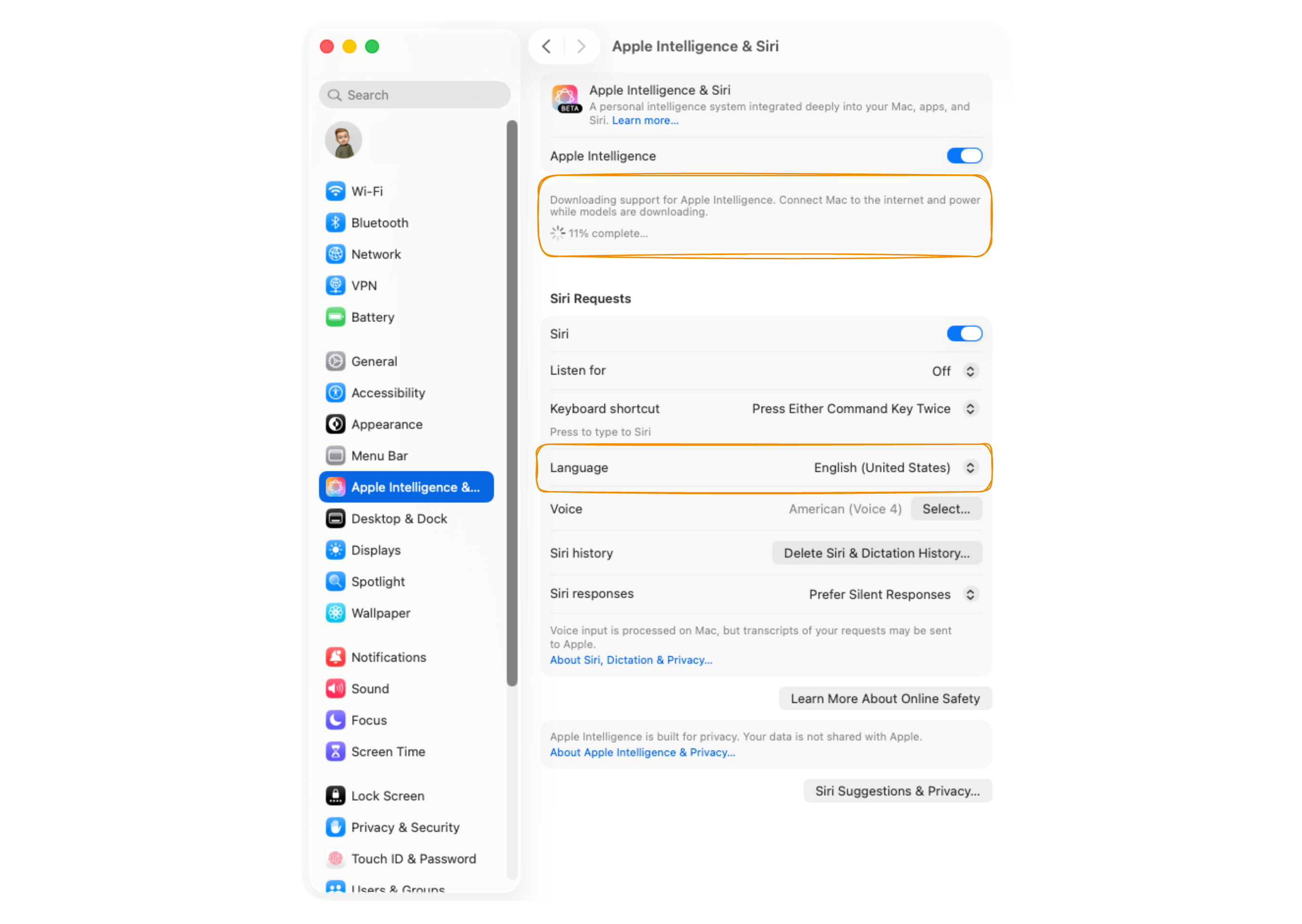 Screenshot of the system settings, Apple Intelligence tab. Language is set to English (United States) and there is a progress bar that models are downloading
