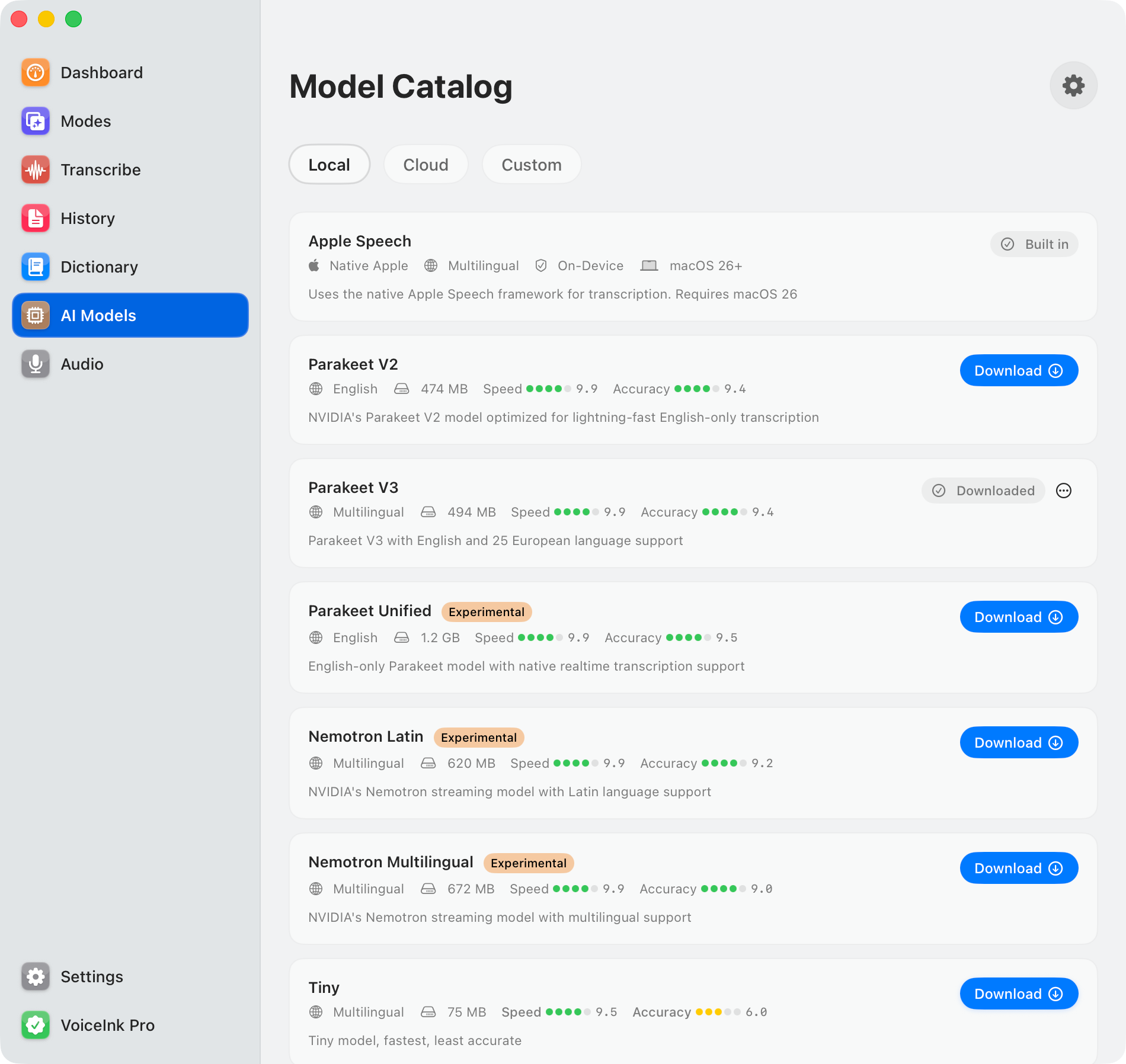 Screenshot of the VoiceInk app listing available models.