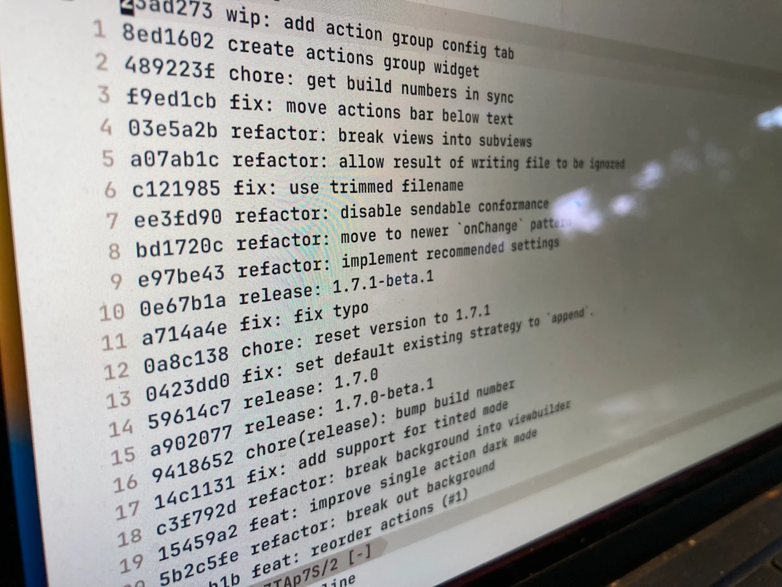 A list of git commits