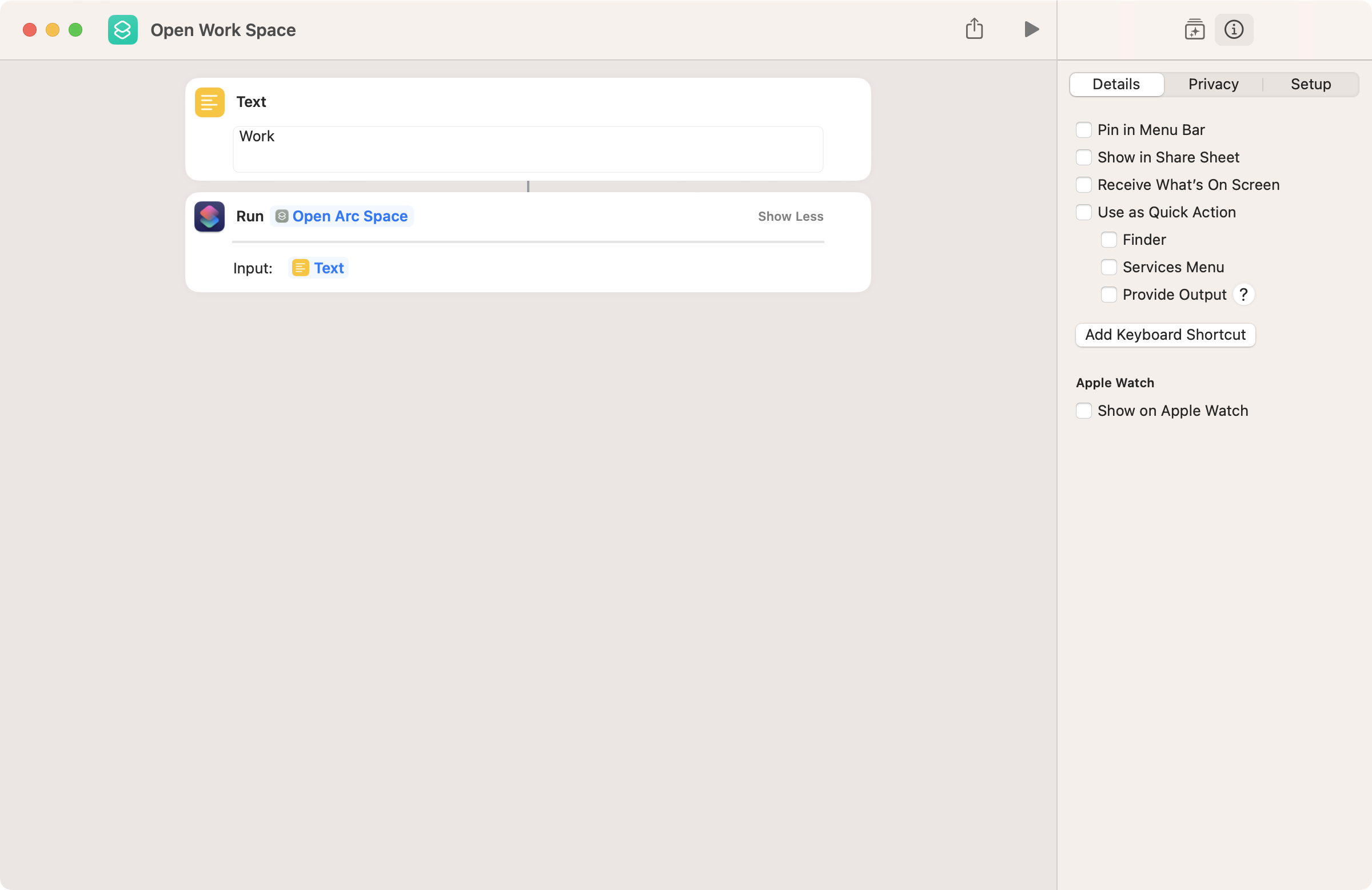 screenshot of the open arc space shortcut being used in another shortcut