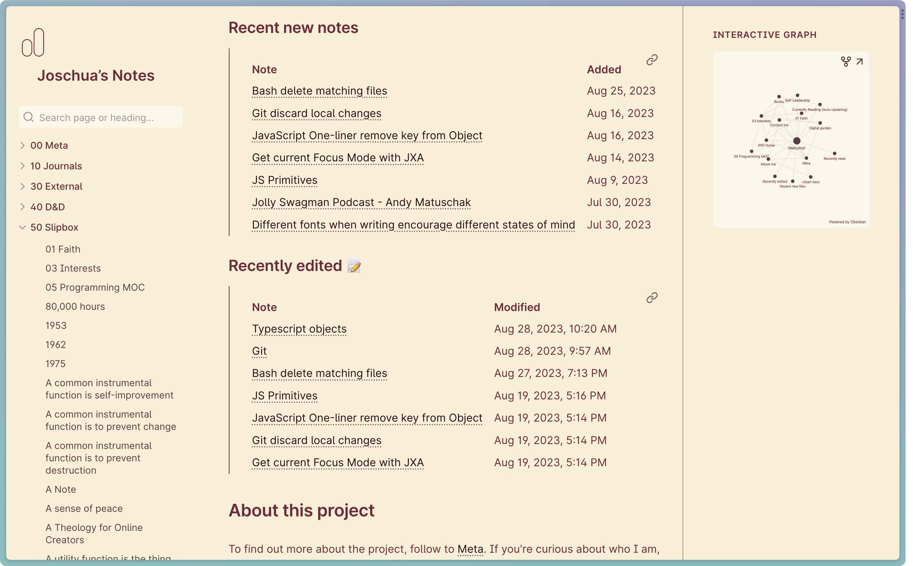 Obsidian Publish site with the sections "Recent new notes" and "Recently edited"  and a table of notes underneath each