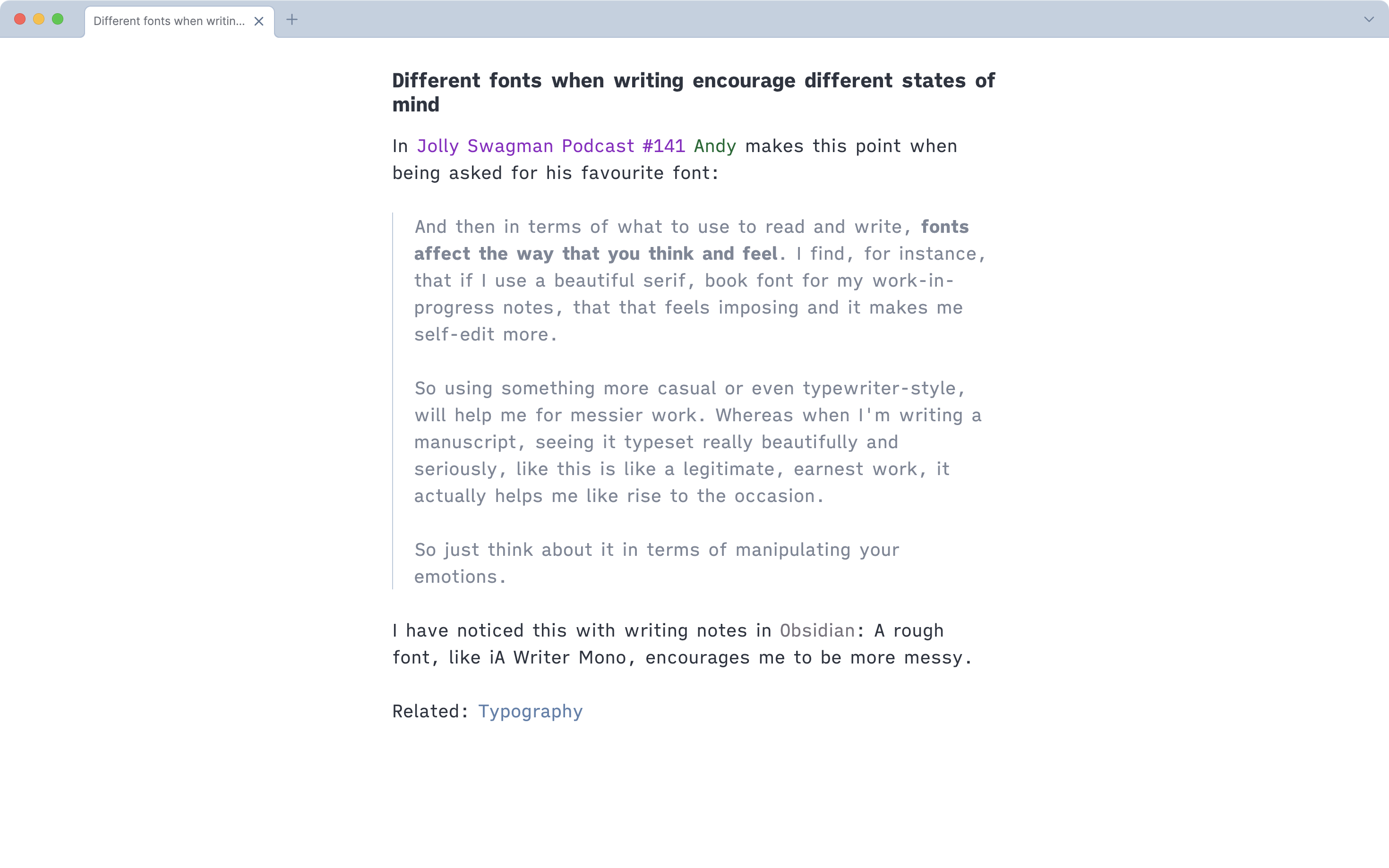 The same note in Obsidian with a font that is almost monospaced and looks like a typewrite font