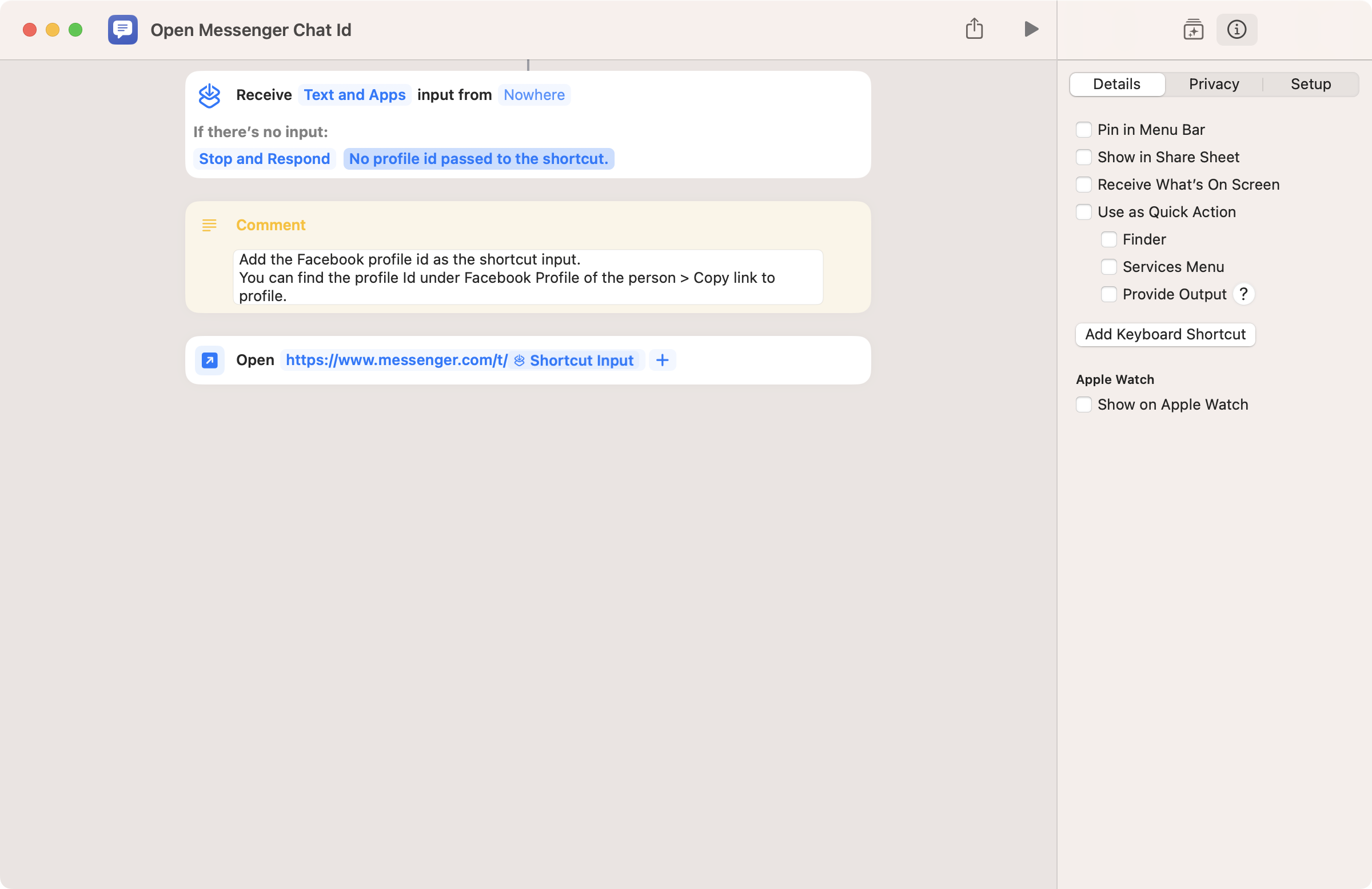 Screenshot of the Shortcut. First the Shortcut receives text, then opens a url specific to Facebook Messenger