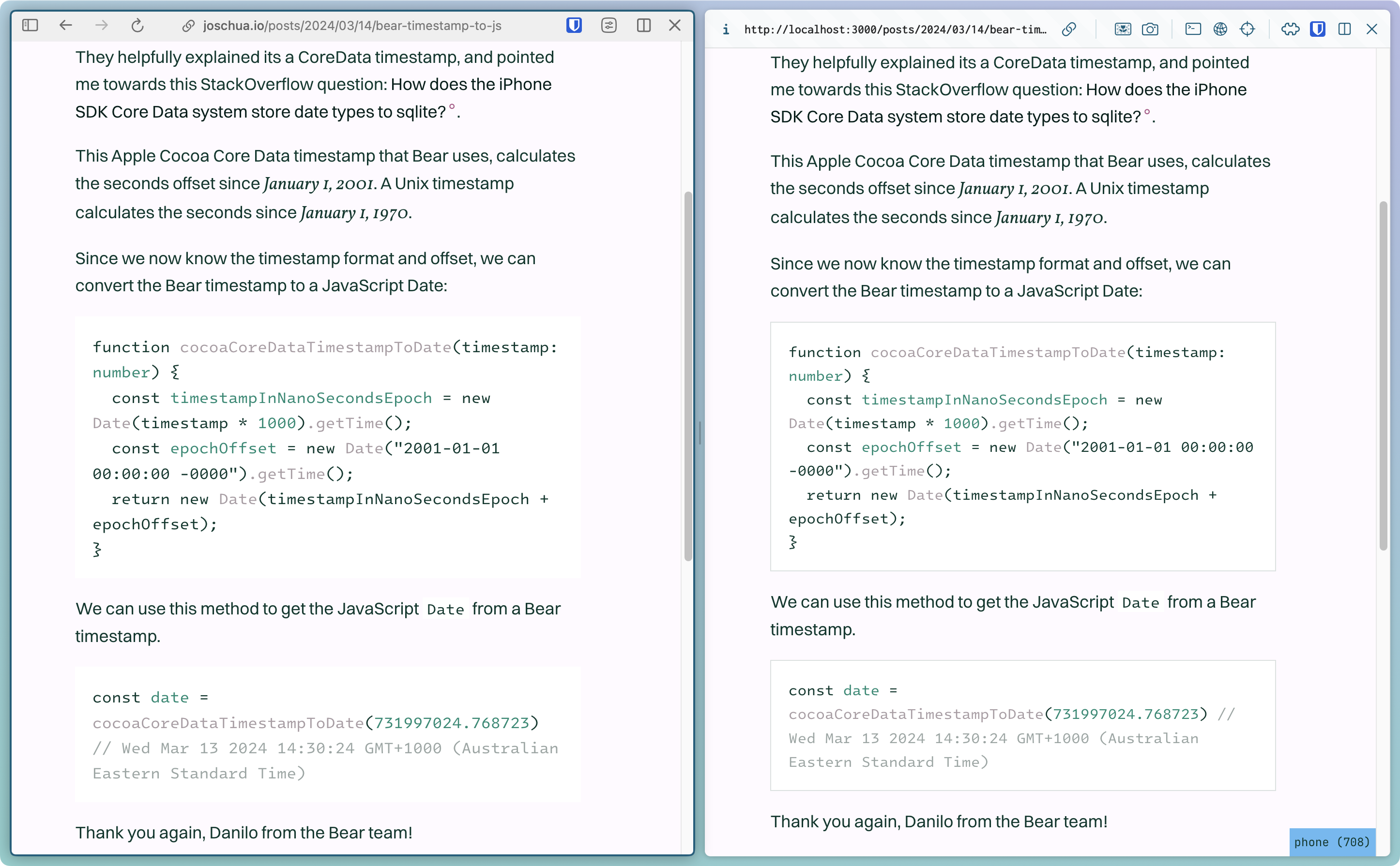 Two version of the same website. The right version has a light grey border around the code box.